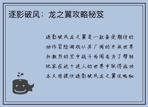 逐影破风：龙之翼攻略秘笈